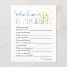 This cute "who knows the 1 year old best?" 1st/first birthday party game sheet features a white background with the smiling sun in watercolor. The reverse side features a white background with yellow stripes in watercolor. Personalize for your needs. You can find more matching products at my store. 1st Birthday Trivia, Sunshine Watercolor, 1st Birthday Games, 1st Birthday Party Games, First Birthday Game, Sunshine First Birthday, First Birthday Games, 1 Year Birthday, 1st Birthday Party Themes