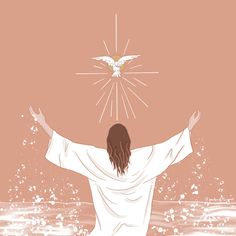 a person standing in the water with their arms spread wide open, facing an angel above them