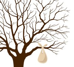 a tree with no leaves and a bag hanging from it