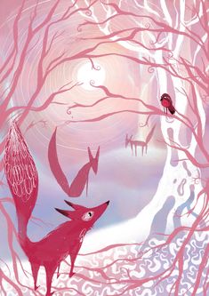 an illustration of two foxes in the woods with trees and birds flying around them at night