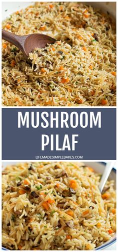 mushroom pilaf in a bowl with a wooden spoon