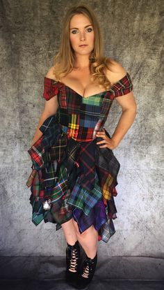 Softly structured dress made from recycled tartan samples.  www.LyndseyClarkBoutique.co.uk  Mixed tartan fabric samples. Soft boned bodice, off the shoulder straps/ sleeves, overlocked, high-low 'rag' skirt. Custom made to measure version of the dress photographed. Exact tartans used and placements may differ, as each one is made from scratch at time of order. Outdoor photos by 7/10 photography. PLEASE READ MY SHOP POLICIES SECTION CAREFULLY **BEFORE** ORDERING ANYTHING, MY POLICIES COVER A FEW Womens Tartan Off The Shoulder Dress, Rag Skirt, Tartan Plaid Dress, Scottish Clothing, Tartan Fashion, Structured Dress, Boned Bodice, Tartan Fabric, Tartan Dress