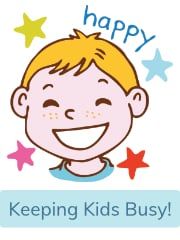 a boy smiling with stars around him and the words happy keeping kids busy on it