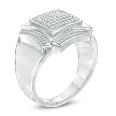 This contemporary diamond fashion ring is a mesmerizing look. Crafted in sterling silver, this bold style features a squared composite of shimmering diamonds bordered with curved ribbons of diamonds. The stepped shank lends interest to the design. Radiant with 1/3 ct. t.w. of diamonds, this comfort-fit ring is finished with a polished shine. Custom-made to fit his ring size. Sterling silver rings cannot be resized after purchase. Diamond White Square Cut Promise Ring, Square Cut Diamond White Ring, Diamond White Square Cut Ring With Diamond Accents, Fine Jewelry Rings With Diamond Accents And Square Cut, Modern White Diamond Ring With Single Cut, Modern Diamond Signet Ring For Promise, Modern Formal Signet Ring With Diamond Accents, Modern Wedding Signet Ring With Diamond Accents, Modern White Diamond Signet Ring