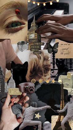 the collage has many different pictures and words on it, including an image of a woman's face