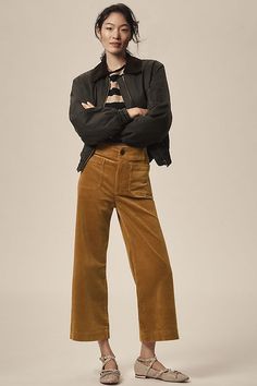 The Colette Cropped Wide-Leg Pants by Maeve: Corduroy Edition Earth Tone Clothes, Maeve Pants, Anthropologie Fall, Corduroy Pants Women, High Waisted Wide Leg Pants, Cropped Wide Leg Pants, Corduroy Trousers, Brown Pants, Back Patch