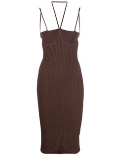 Fitted Ribbed Halter Neck Bodycon Dress, Fitted Brown Bodycon Dress With Spaghetti Straps, Brown Fitted Bodycon Dress With Spaghetti Straps, Chic Ribbed Spaghetti Strap Bodycon Dress, Chic Ribbed Bodycon Dress With Spaghetti Straps, Elegant Ribbed Halter Neck Dress, Chic Brown Midi Dress With Spaghetti Straps, Brown Spaghetti Strap Bodycon Dress, Brown Bodycon Dress With Spaghetti Straps