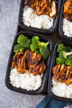 four plastic trays filled with chicken and broccoli on top of white rice