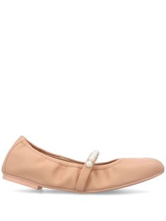 blush beige leather strap detailing pearl detail round toe slip-on style low heel flat rubber sole Elegant Cream Flats With Round Toe, Elegant Pearl Embellished Flats For Formal Occasions, Elegant Pearl-embellished Formal Flats, Elegant Pearl Embellished Formal Flats, Feminine Flats With Round Toe For Evening, Feminine Round Toe Flats For Evening, Feminine Evening Flats With Round Toe, Elegant Beige Closed Toe Ballet Flats, Elegant Beige Low Heel Flats