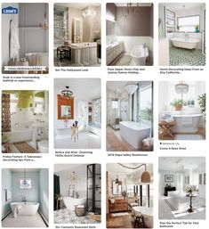 a bunch of pictures with different types of bathroom furniture and decor in them, including bathtubs, sinks, cabinets, mirrors, windows, and other items