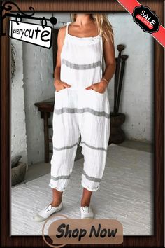 Striped Lace-up Pocket Loose Jumpsuit Sleeveless Striped Jumpsuits And Rompers For Loungewear, Cotton Wide-leg Jumpsuits And Rompers For Loungewear, White Cotton V-neck Jumpsuits And Rompers, Cheap Striped V-neck Jumpsuits And Rompers, Casual Striped V-neck Jumpsuits And Rompers, Loose Jumpsuit, Jumpsuits And Romper, Jumpsuit Fashion, Jumpsuit Romper