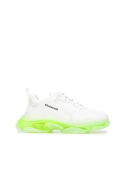 Balenciaga's white Triple S trainers are an avant-garde reworking of one of the label's cult styles. They're crafted from mesh and leather panels with an embroidered logo at the side, then set on a chunky fluorescent rubber sole.White/neon yellow Logo print to the sideRound toeFront lace-up fasteningPull-tab at the heel Chunky rubber soleComposition: Leather, mesh and leather panelsSole: Rubber 100%Lining: Fabric 100% Chevron Outfit, Chevron Jewelry, White Balenciaga, Gucci Shop, Yellow Logo, Shoes Flats Sandals, Mesh Sneakers, Luxury Women Fashion, Balenciaga Triple S