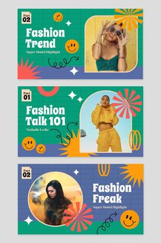 two banners for fashion talk 101 with an image of a woman in yellow and blue