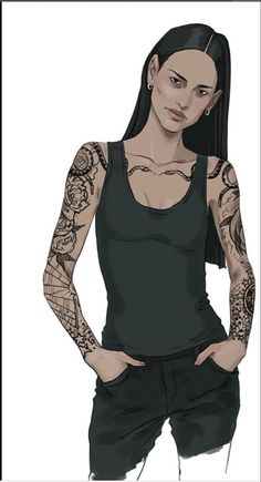 a drawing of a woman with tattoos on her arms and shoulder, standing in front of a white background