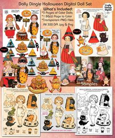 an assortment of halloween paper dolls with different designs and colors, including pumpkins, witch hats