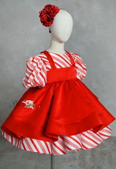 candy cane children's dress with detach apron Red Satin Holiday Dress, Fitted Christmas Pageant Gown, Candy Cane Dress, Captivating Photography, Gown Rental, Candy Cane Lane, Dress Couture, Gown Suit, Couture Gown