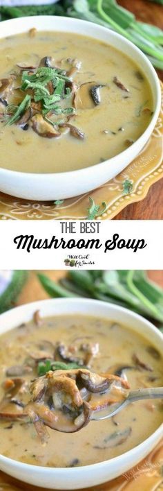 two pictures of mushroom soup in white bowls