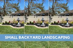 four different shots of small backyard landscaping in front of a house with trees and bushes