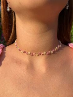 Delicate Pink Flower Choker, Cute Flower Beaded Necklace 14k Gold Pink Necklace Valentine’s Day gift for her women pink daisy for girlfriend Flower Beaded Necklace, Pink Choker, Flower Choker, Women Pink, Pink Daisy, Valentines Day Gifts For Her, Pink Necklace, Cute Flower, Valentines Necklace