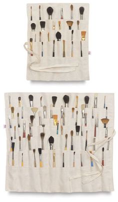 two pieces of makeup brushes are displayed on a white cloth with the same brush holder