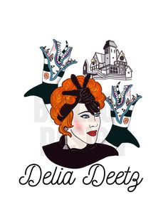 a woman with red hair wearing a black dress and hat that says delta deety