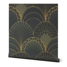 an art deco wallpaper with gold and black fan shapes