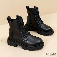 Lasaky - Woman's Comfortable Combat Boots with Solid Color Sole Combat Boots Style, Round Toe Heels, Womens Boots Ankle, Men Shoes Size, Short Boots, Boot Shoes Women, Chunky Heels, Mid Calf, Riding Boots