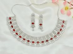 Silver Plated with Red American Diamond Necklace set . Earrings are 4cm Long . Indian Hair Accessories, Red Necklace Set, American Diamond Necklace Set, Ruby Jewellery, Kundan Bangles, American Diamond Necklaces, Diamond Necklace Set, Set Earrings, Red Necklace