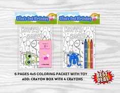 two happy birthday coloring pages with crayons for kids to color and write on