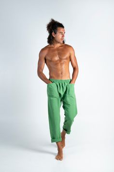 "Upgrade your wardrobe with our linen pants for a basic piece in your collection. Entirely handmade from premium quality linen fabric and comes in a selection of colors. Loose-fit jogger type of pants that prioritize comfort. The long pants feature an elastic waist without any buttons or zippers so you can move freely or relax freely in them. Features two generous side pockets for your wallet, phone, and other bits.  Casual, and minimal with an elegant flair, these pants scream style! Simply pair them with a plain white shirt for the ultimate summer look or order a matching top from my shop. Minimalist, casual pants that are perfect for home wear, loungewear, outgoing, beach pants, vacation wear, and more. Buy it for yourself or gift it. Comfortable clothing is always the best gift, suitab Green Harem Pants With Pockets For Loungewear, Linen Cargo Pants With Pockets For Loungewear, Green Linen Beach Pants, Casual Green Linen Bottoms, Summer Green Linen Harem Pants, Green Linen Beach Bottoms, Green Cotton Cargo Pants For Loungewear, Green Linen Straight Pants, Linen Pants For Men