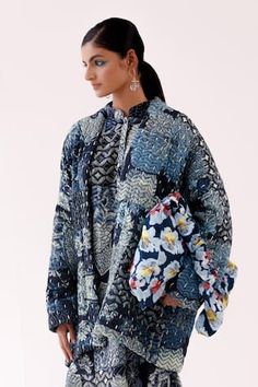 Indigo cotton quilted jacket with all over floral bloom pattern. - Aza Fashions Pattern Jacket, Women Jackets, Jacket For Women, Jacket Pattern, It's Cold, Full Sleeves, Jackets Online, Cotton Quilts, Blue Jacket