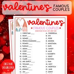 valentine's day game with the words, famous couples and hearts on red background