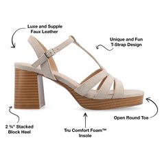 The Alyce platform heel sandal from Journee Collection boasts a stylish design with a 2 3/4-inch heel height, offering a perfect blend of elegance and comfort. The platform, measuring 1/2-inch, enhances stability, while the ankle strap with a buckle closure ensures a secure fit. Crafted with faux leather in both the upper material and lining, and featuring a 4 mm Tru Comfort Foam™ footbed, these sandals provide a fashionable look without compromising on comfort. Synthetic Open Toe T-strap Platform Sandals, Open Toe Platform T-strap Sandals, Chic Synthetic T-strap Sandals With Open Heel, Synthetic Open Heel Shoes With Heel Strap, Synthetic Heel Strap Open Heels, Chic Synthetic T-strap Sandals With Ankle Strap, Synthetic Open Heel Heels With Heel Strap, Open Heel Synthetic Heels With Heel Strap, Chic Synthetic T-strap Sandals