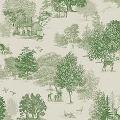 a green and white wallpaper with trees, deers, and other animals on it