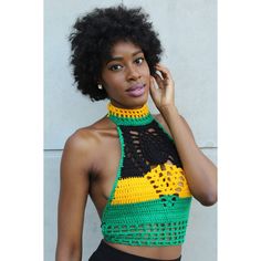 Handmade crochet Jamaican high neck choker top. 100% Acrylic. Trendy Fitted Tops With Crochet Lace, Trendy Fitted Top With Crochet Lace, Trendy Fitted Crochet Lace Top, Fitted Crochet Lace Top In Trendy Style, Trendy Fitted Crochet Top For Party, Chic Fitted Crochet Top For Festival, Trendy Spring Party Crochet Top, Trendy Crochet Top For Party, Chic Fitted Crochet Crop Top