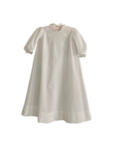 Offered is this white cotton and lace infant baby christening gown.  The gown features lace, pintucks and ornate trim from neckline to hem.   The back is open and will require snaps, pins or ties.  Possibly in a 3 month size, please see measurements below and vintage size chart.  If unsure of sizing, please compare measurements to garment that fits.    Shoulders: 8" Underarms: 11 1/2" Sleeves: 8" Shoulder to hem: 25 1/2" The dress is in very good condition with no tears, stains, broken stitches, etc.  There is a small hole on the front right sleeve.  There is also a tiny hole just starting at the bottom of the back opening. Classic White Victorian Dress With Ruffles, Classic White Gown With Lace Trim, Classic White Victorian Dress For Formal Occasions, Fitted Baptism Dress With Lace Trim For Daywear, Fitted Baptism Dress With Lace Trim, Elegant Baptism Dress With Lace Trim For Daywear, Elegant Baptism Dress With Lace Trim, Classic Short Sleeve Baptism Dress With Ruffles, Classic White Baptism Dress With Fitted Bodice