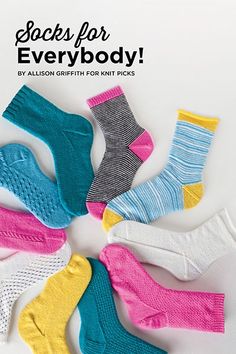 five pairs of socks with the words socks for everybody written on them