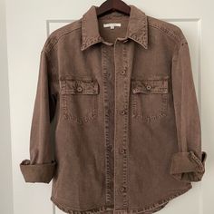 Sold Out Everywhere! Deadstock And Discontinued! Last Of Its Kind! Bought Directly From Pacsun Website! Button Up, Button Down, Jacket, Shacket, Denim, Jean, Shirt Jacket Never Worn, In Literally Flawless Condition! Size Xs/S Fits Oversized Originally $50! Brown Relaxed Fit Outerwear For Summer, Collared Cotton Shacket For Day Out, Trendy Brown Summer Outerwear, Oversized Brown Cotton Shacket, Fall Utility Washed Tops, Brown Washed Long Sleeve Top, Brown Long Sleeve Washed Tops, Casual Brown Washed Outerwear, Long Sleeve Washed Brown Top