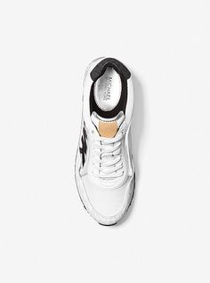 Maddy Two-tone Logo Trainer | Michael Kors White Leather Trim Sporty Sneakers, White Low-top Sneakers With Leather Trim, Sporty White Sneakers With Leather Trim, White Sporty Sneakers With Leather Trim, Sports Luxe, Cropped Denim, Signature Logo, White Sneaker, Adidas Sneakers