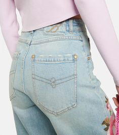 Embroidered High Rise Straight Jeans in Blue - Blumarine | Mytheresa High Rise Jeans With Floral Embroidery, High Rise Floral Embroidered Jeans, Spring Floral Embroidered Straight Leg Jeans, Trendy Straight Leg Pants With Floral Embroidery, High Rise Straight Jeans, Polyvinyl Chloride, Color Names, Denim Fashion, Straight Jeans