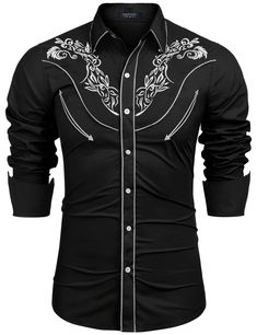 PRICES MAY VARY. Breathable and Durable Fabric - Made of 98% cotton and 2% polyester, our cowboy shirt is comfortable, wear-resistant, and easy to care for. Classic Cowboy Cut with Retro Embroidery - Our western dress shirt features elegant embroidered roses on the front and back, as well as arrows smiley pocket for deco, a patchwork color block, and a flat bottom hem for a stylish and eye-catching look. Versatile Western Costume - Whether you're going for a rockabilly style or daily wear cowboy Western Black Button-up Shirt, Black Western Button-up Shirt, Western Style Black Button-up Shirt, Western Style Embroidered Cotton Shirt, Black Embroidered Western Top, Black Top For Spring Rodeo, Black Button-up Top For Rodeo, Western Black Cotton Shirt, Western Long Sleeve Shirt For Summer