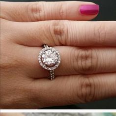 a woman's hand with a diamond ring on it and another photo of her engagement ring