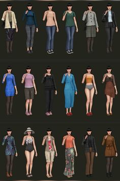 several different types of clothes and hats for the characters in an animated video game,