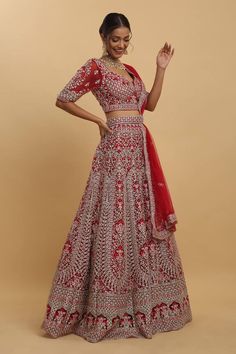 Red attached can-can lehenga featuring floral embroidery all over. Paired with a co-ordinating padded blouse and an embroidered dupatta. - Aza Fashions Embroidered Bridal Lehenga, Lehenga Pattern, Padded Blouse, Embroidered Dupatta, Can Can, Satin Color, Bridal Lehenga, Set For Women, Aza Fashion