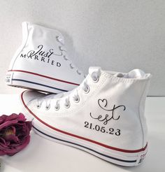 "Personalization with your wedding date (on the outside). Wedding Shoes All Star Converse 100% genuine, embellished with all sizes of pearls whith flowers. .Each order includes extra stones and original laces. If you would prefer the all white converse, please feel free to contact us SIZE: Tip.. Its size Converse is smaller than other companies (eg. if you Nike wear 40, wear Converse 39) ★If you have any questions regarding this item, please hit the \"Ask a Question\" button next to the price an I Do Converse, Just Married Converse, Mr And Mrs Converse, Matching Wedding Converse, White Wedding Converse, Wedding Sneakers For Bride Converse, Converse Wedding Shoes Bride, White Converse Wedding, Wedding Nikes