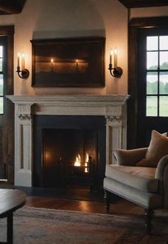 a living room filled with furniture and a fire place in the middle of a wall