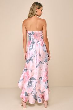 Make a swoon-worthy entrance this season in the Lulus Blushing Darling Light Pink Floral Strapless High-Low Maxi Dress! Lightweight, textured woven jacquard, with a romantic floral print throughout, shapes a sweetheart neckline (with hidden no-slip strips) and a strapless bodice with bustier-inspired seaming. High, fitted waist sits atop a high-low skirt that falls to an elegant, ruffled maxi hem. Trendy smocking at the back for fit. Fit: This garment fits true to size. Length: Ankle length. Siz Flowy Strapless Floral Print Midi Dress, Flowy Strapless Midi Dress With Floral Print, Feminine Strapless Dress With Floral Print For Beach, Spring Bohemian Strapless Midi Dress, Strapless Printed Dress For Brunch, Printed Strapless Dress For Brunch, Bohemian Strapless Midi Dress For Spring, Feminine Strapless Floral Print Maxi Dress, Feminine Strapless Floral Maxi Dress