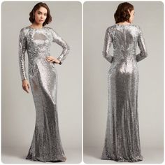 Tadashi Shoji Brunei Long-Sleeve Sequin Gown Silver Sequins Sparkle On This Slinky Long-Sleeved Gown With Tonal Metallic Embroidery Appliqued To Accentuate An Hourglass Figure. Fully Lined In Soft Jersey. Center Back Invisible Zipper. Dry Clean Imported Color Silver Glamorous Mother Of The Bride Dress With Sweep Train, Long Sleeve Mother Of The Bride Dress For Banquet, Glamorous Fitted Long Sleeve Mother Of The Bride Dress, Fitted Long Sleeve Evening Gown, Formal Long Sleeve Maxi Dress With Fitted Bodice, Long Sleeve Maxi Dress With Fitted Bodice For Party, Glamorous Long Sleeve Festive Gown, Fitted Bodice Gown With Long Sleeves For Evening, Long Sleeve Gown With Fitted Bodice For Evening