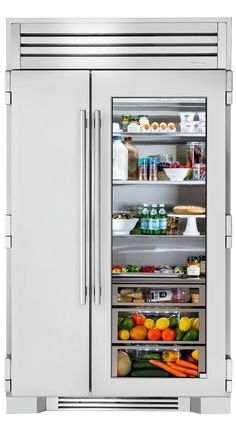 a refrigerator with its doors open and lots of food in the freezer door area