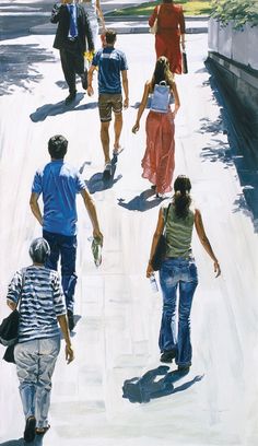 a painting of people walking down a sidewalk